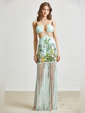 Tropical Leaf Print Fringe Cutout Maxi Dress - Blithe